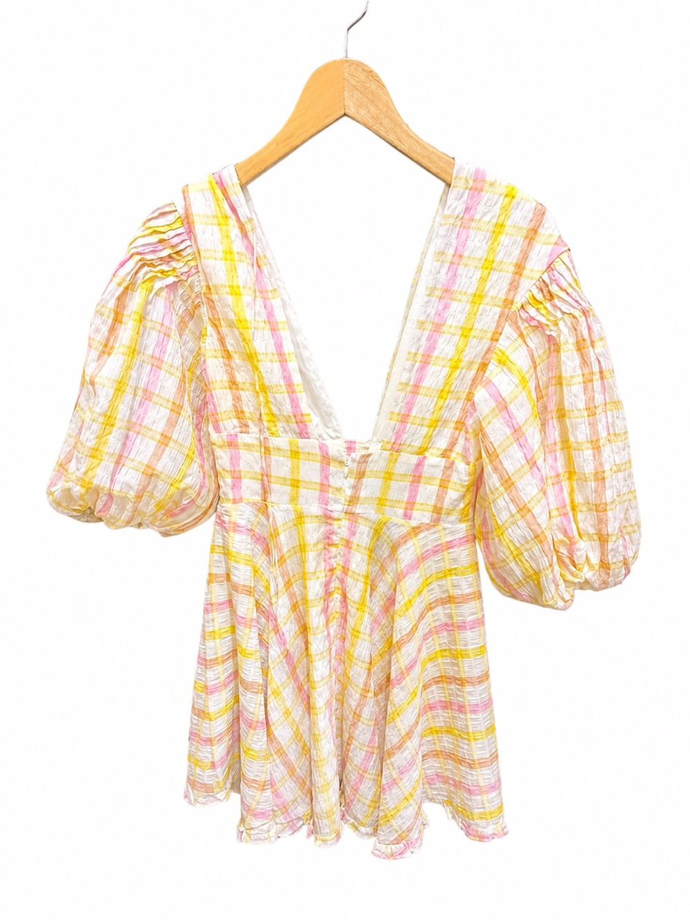 For The Love Of Lemons Women's Yellow & Pink Plaid Puff-Sleeve Peplum Top